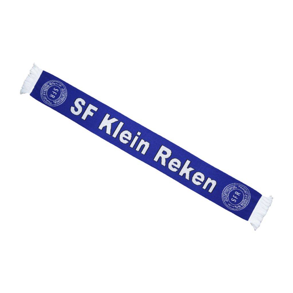 Clubsjaals blauw met witte franjes en wit logo.