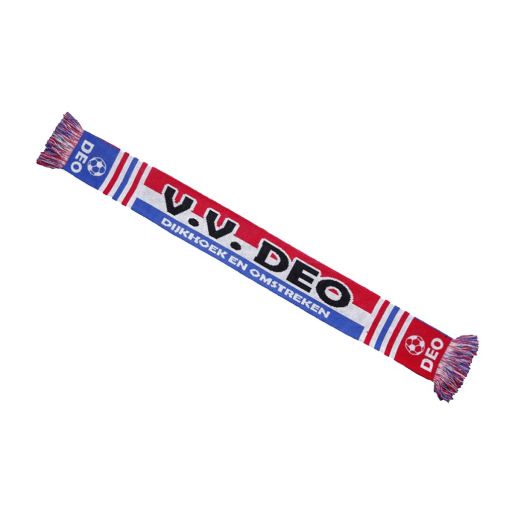 Clubsjaals in meerdere kleuren met vlag en logo.