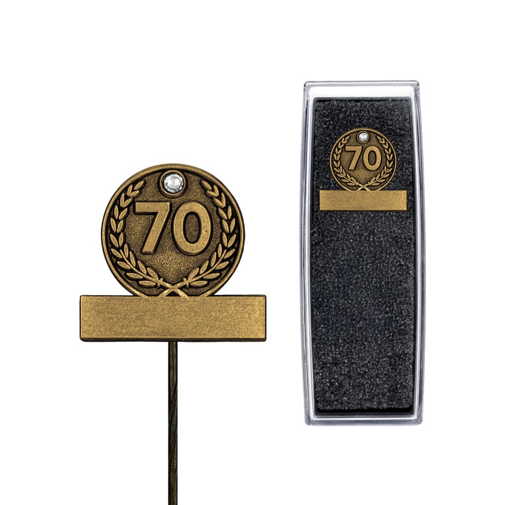 Jubileum speldje 70 jaar antiek goud met steentje