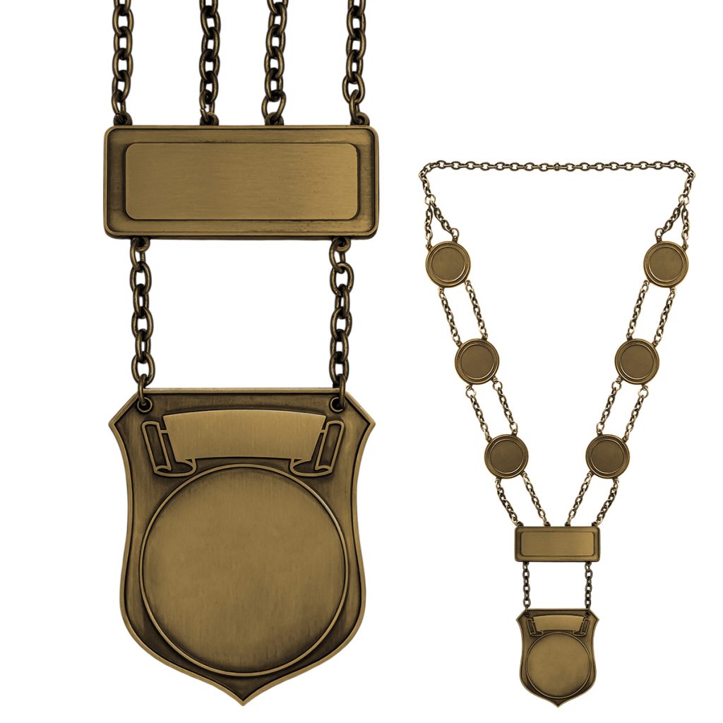 Prinsenketting A in antiek gouden uitvoering. Inclusief 6 schakels en gravure balkje. Ruimte voor gravure op twee plaatsen. Voorzien van full colour afslag.