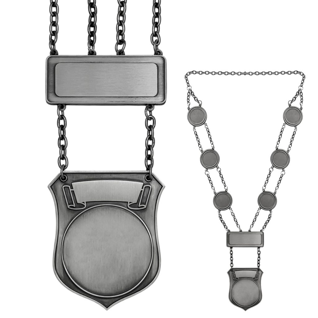 Prinsenketting A in antiek zilveren uitvoering. Inclusief 6 schakels en gravure balkje. Ruimte voor gravure op twee plaatsen. Voorzien van full colour afslag.