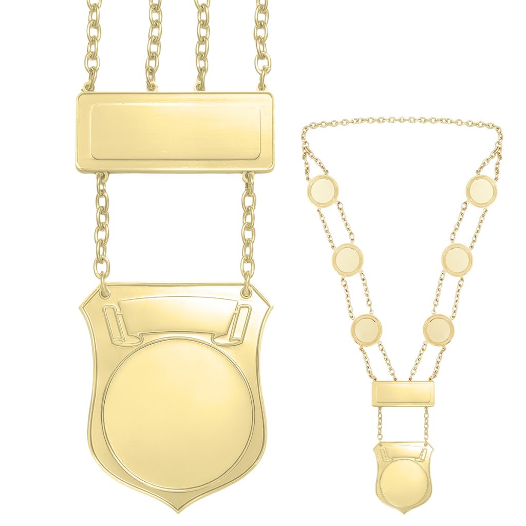Prinsenketting A in goudglanzende uitvoering. Inclusief 6 schakels en gravure balkje. Ruimte voor gravure op twee plaatsen. Voorzien van full colour afslag.
