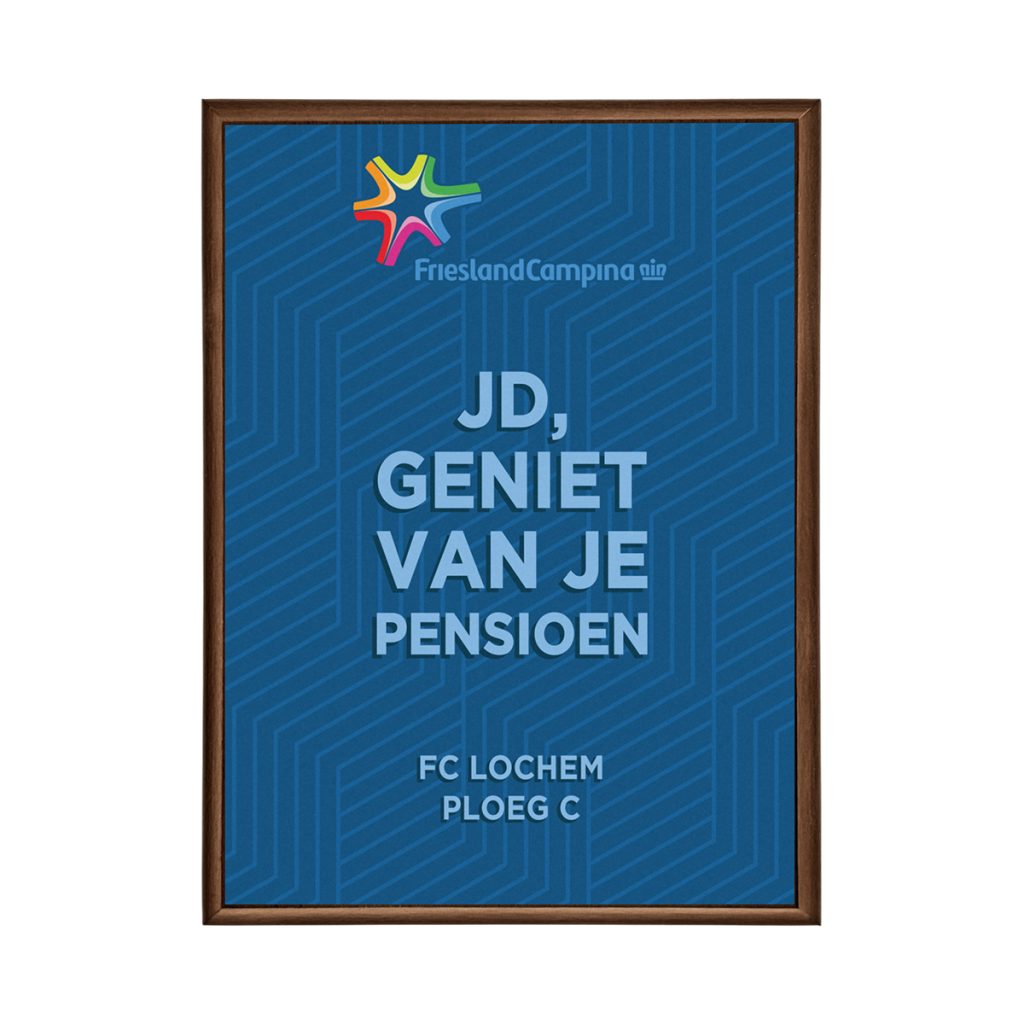Plaquette Full Colour bedrukt voor medewerker met pensioen.