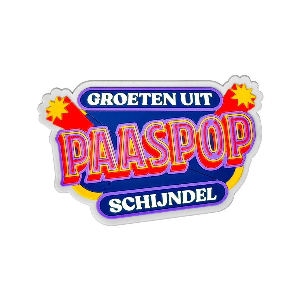 Kleurige badge van rubber, in vorm uitgesneden.