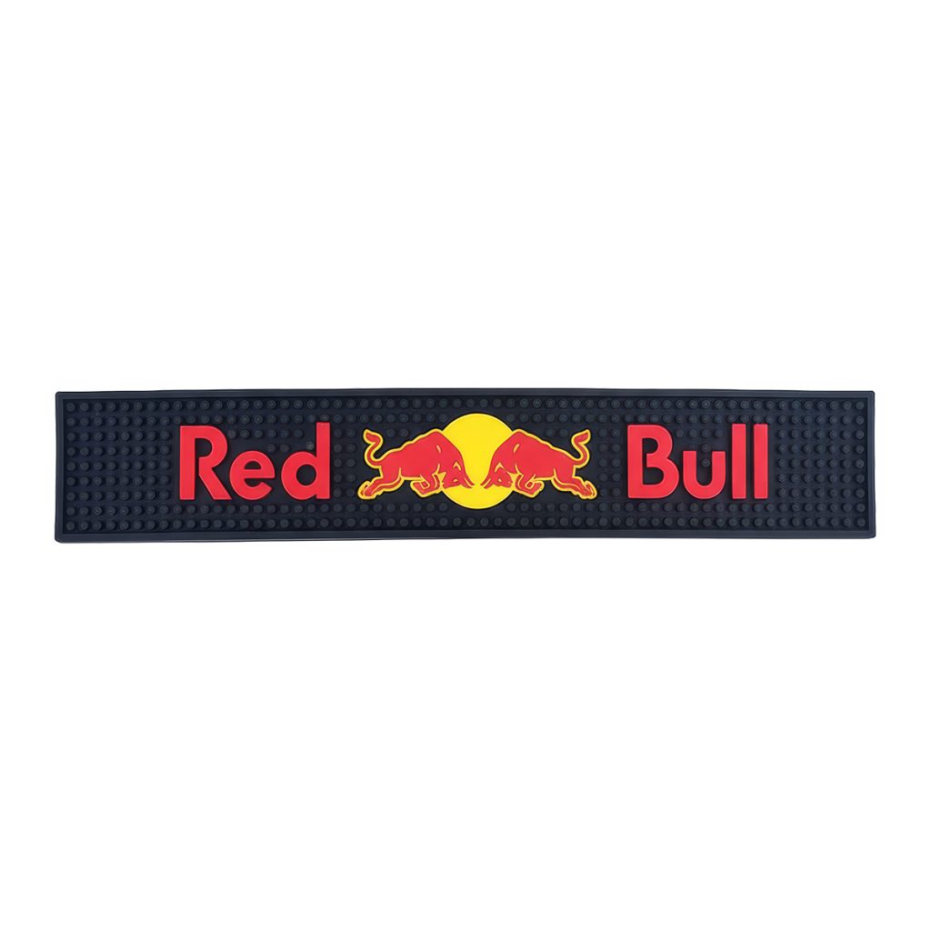 Barmat rubber, zwarte mat met rood en geel logo.
